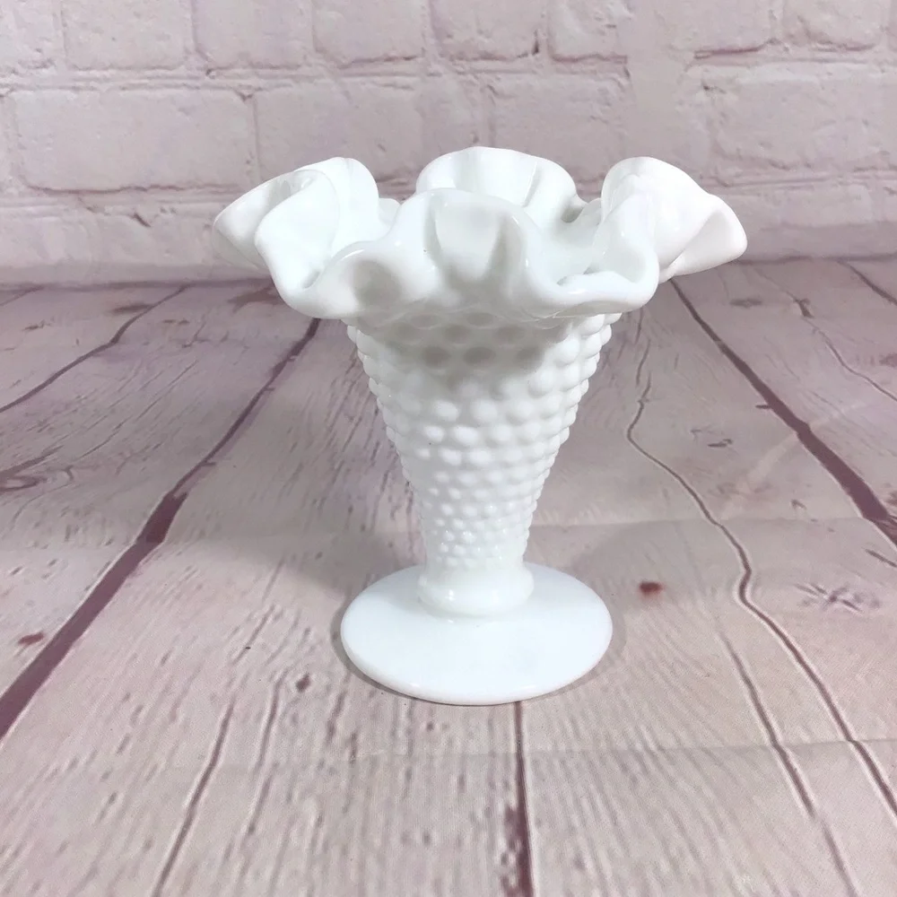 Vintage Fenton Milk Glass Fluted Hobnail Trumpet Vase
